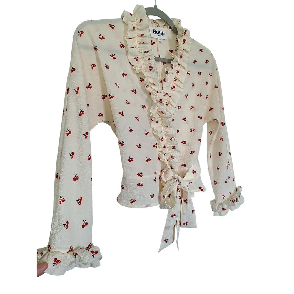 Rouje Paris Frou Frou Cherry Print Wrap Blouse Crepe Ruffle Top Cream Sz 34 US 2 - Picture 2 of 7